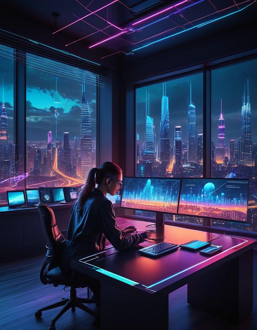 A sleek and modern computer station with a cityscape view through large windows, showcasing digital connectivity with glowing lines connecting to various gadgets like a smartphone, tablet, and server. A confident person working intently at the desk with holographic data projections all around. vibrant colors. futuristic, cyberpunk.