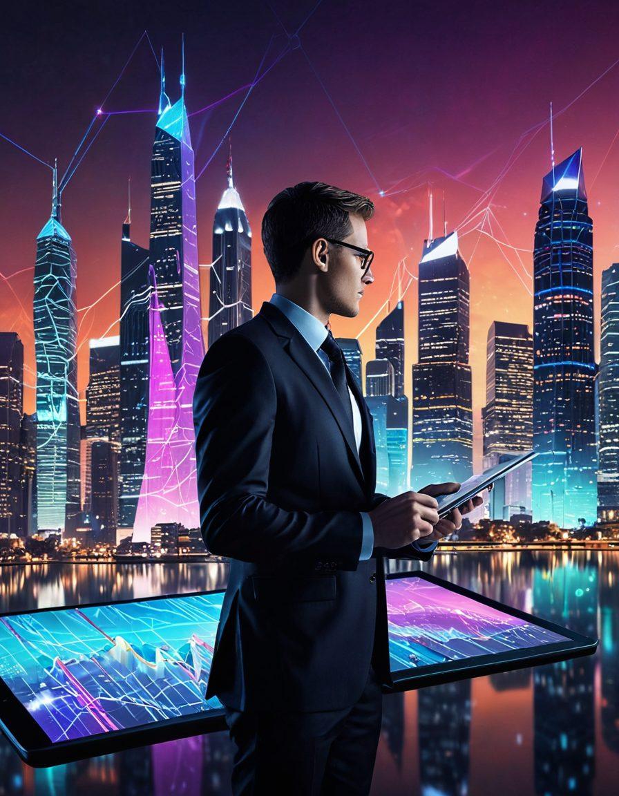 A futuristic cityscape where digital data flows like rivers, with Phizer Web Solutions logo towering above sleek skyscrapers. A business person holding a tablet showing rising statistics and a holographic interface. Elements of connectivity like glowing lines and digital nodes. vibrant colors. super-realistic. 3D.