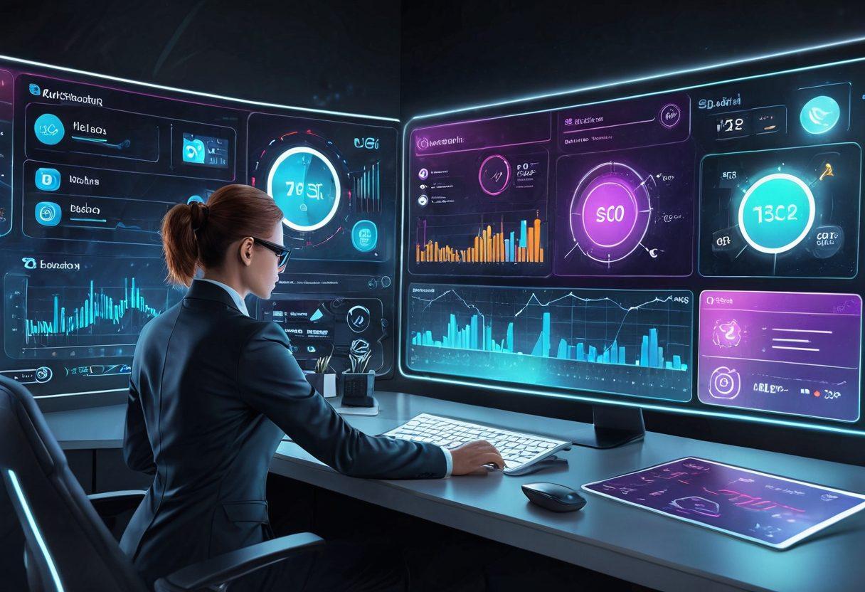A sleek and modern digital dashboard with interconnected web tools and icons representing SEO, analytics, content management, and social media. A confident professional character confidently navigating through the dashboard, with the Phizer logo subtly integrated. Bright, vibrant colors with a futuristic aesthetic. super-realistic. vibrant colors. digital art.